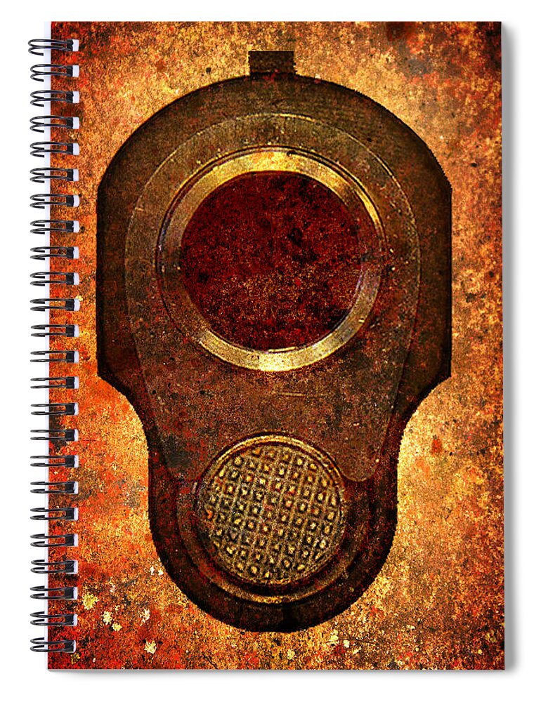 Colt Spiral Notebook featuring the digital art M1911 Muzzle On Rusted Background by M L C