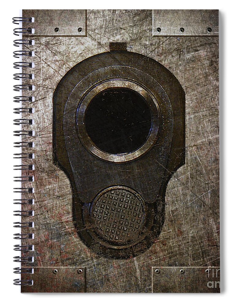 Colt 45 Spiral Notebook featuring the digital art M1911 Muzzle on Rusted Riveted Metal Dark by Fred Ber