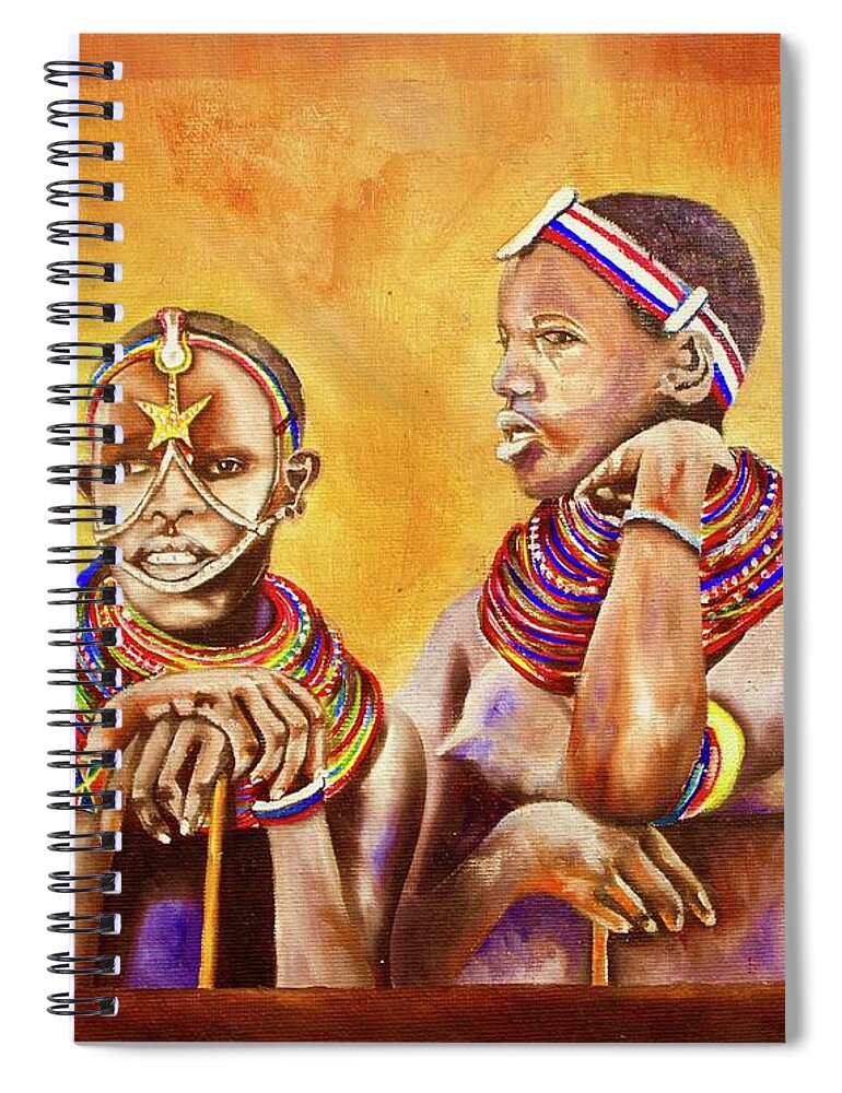 African Art Spiral Notebook featuring the painting Maasai Legends by Richard Kimemia