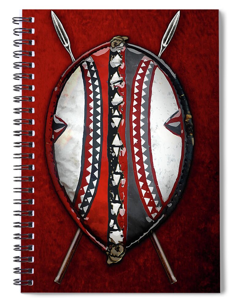 'war Shields' Collection By Serge Averbukh Spiral Notebook featuring the digital art Maasai War Shield with Spears on Red Velvet by Serge Averbukh
