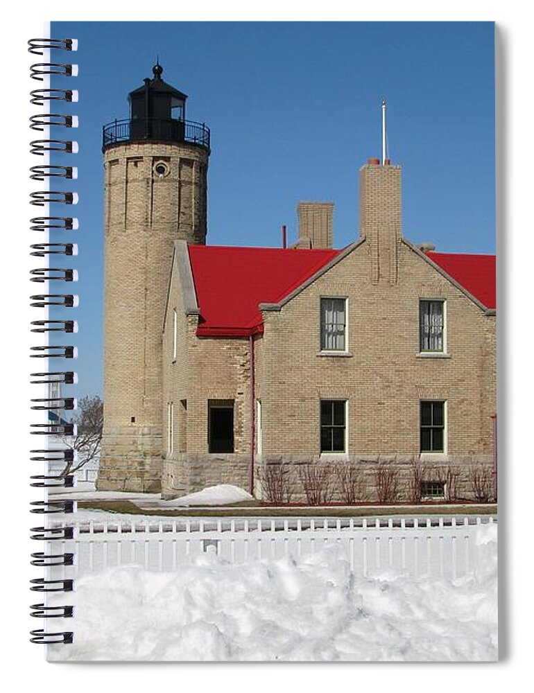 Old Mackinac Point Spiral Notebook featuring the photograph Mackinac Bridge and Light by Keith Stokes