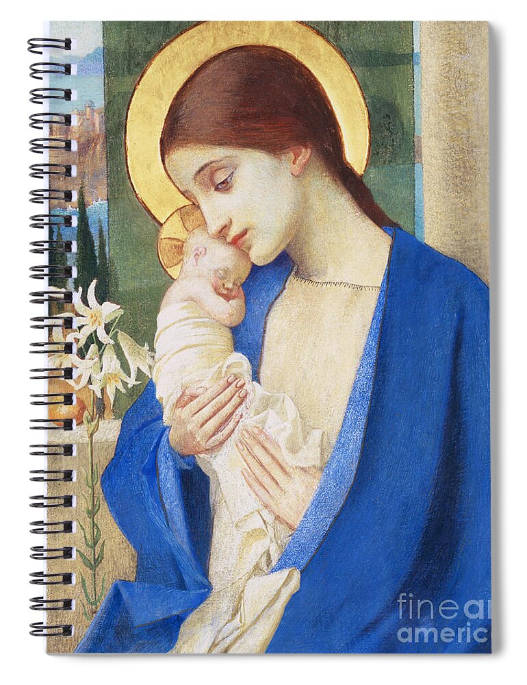 Virgin Mary; Infant Christ; Jesus; Halo Spiral Notebook featuring the painting Madonna and Child by Marianne Stokes
