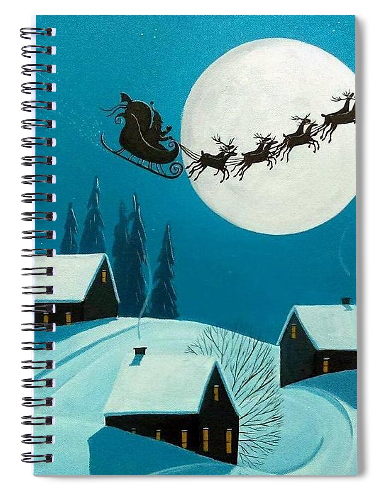 Art Spiral Notebook featuring the painting Magical Night - Santa reindeer Christmas landscape by Debbie Criswell