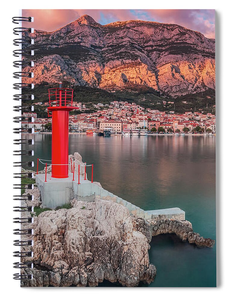 Makarska Spiral Notebook featuring the photograph Makarska Harbour At Sunset by Sophie McAulay
