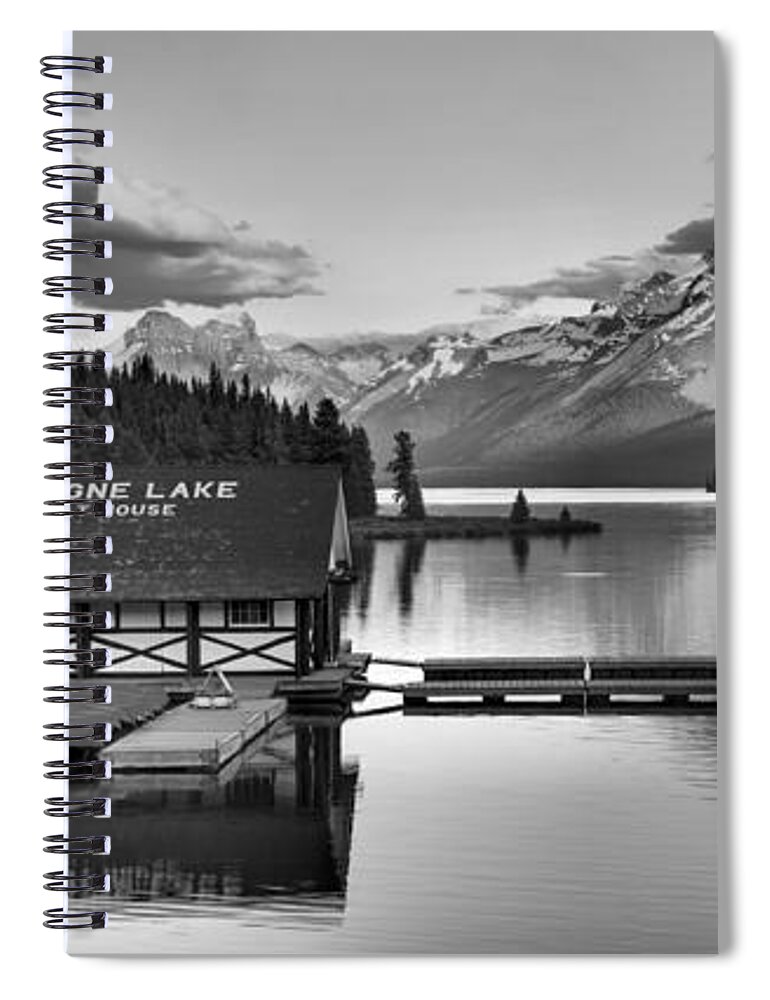 Malinge Lake Spiral Notebook featuring the photograph Maligne lake Sunset Glow Panorama Black And White by Adam Jewell