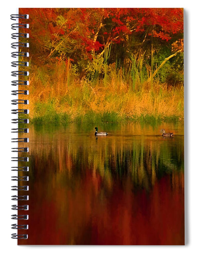 #jefffolger Spiral Notebook featuring the photograph Mallards through reflection of fall colors by Jeff Folger