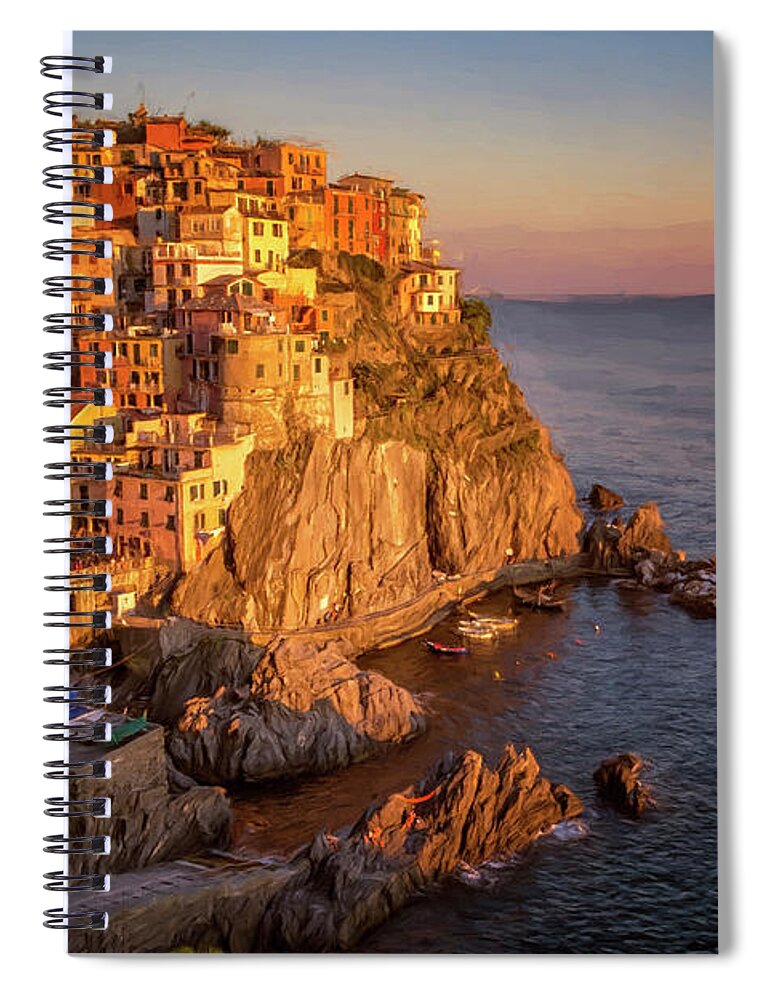 Cinque Terre Spiral Notebook featuring the photograph Manarola Dusk Cinque Terre Italy Painterly by Joan Carroll