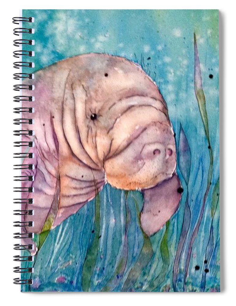 Manatee Spiral Notebook featuring the painting Manatee in the sea grass by Midge Pippel