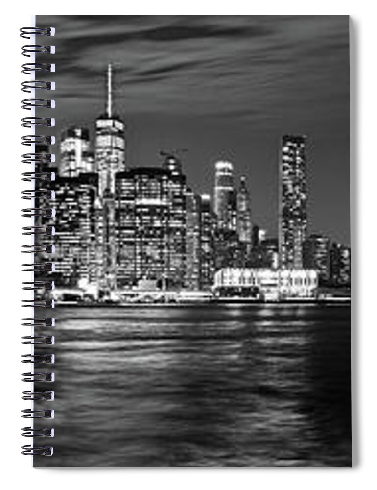 America Spiral Notebook featuring the photograph Manhattan Skyline at Dusk from Broklyn Bridge Park in black and by Carlos Alkmin