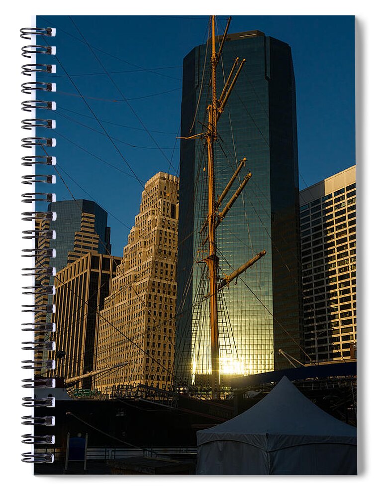 Georgia Mizuleva Spiral Notebook featuring the photograph Manhattan Sunrise Reflection Through Masts and Rigging by Georgia Mizuleva
