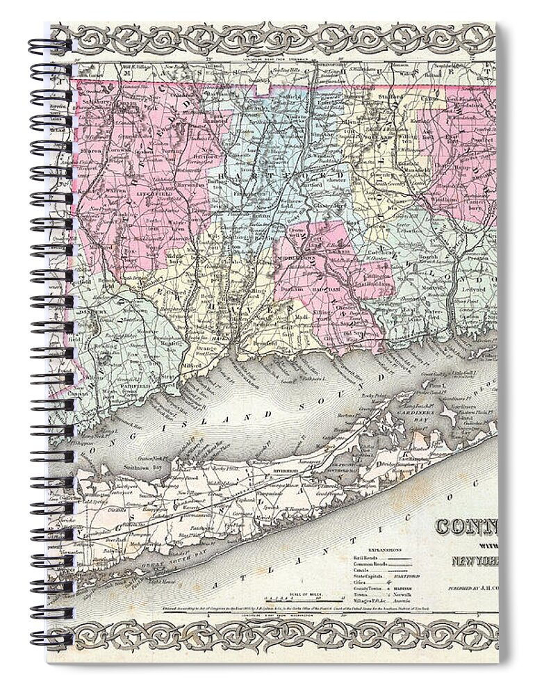Joseph Hutchins Colton Spiral Notebook featuring the drawing Map of Connecticut and Long Island by Joseph Hutchins Colton