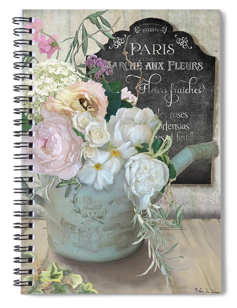 Watering Can Spiral Notebook featuring the painting Marche Paris Fleur Vintage Watering Can with Peonies by Audrey Jeanne Roberts