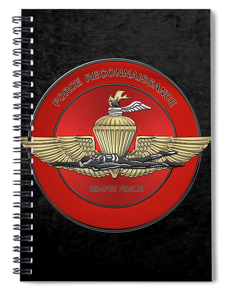 'military Insignia & Heraldry' Collection By Serge Averbukh Spiral Notebook featuring the digital art Marine Force Reconnaissance - U S M C  F O R E C O N Insignia over Black Velvet by Serge Averbukh