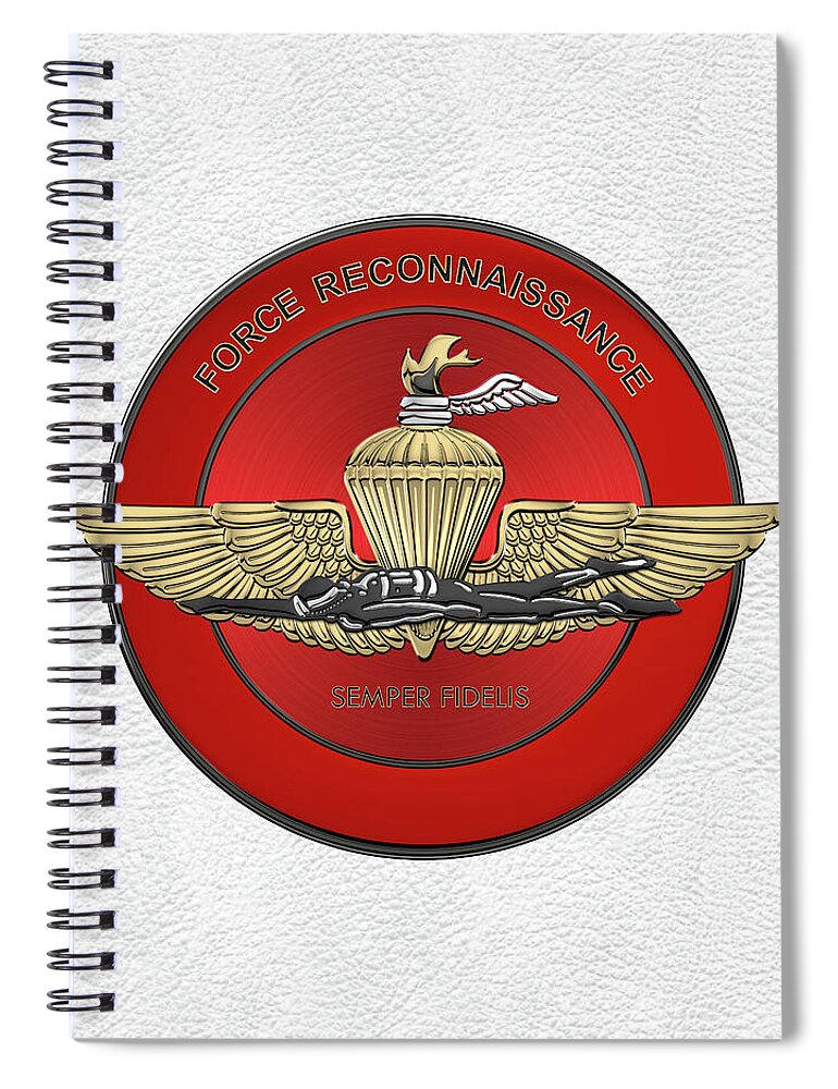 'military Insignia & Heraldry' Collection By Serge Averbukh Spiral Notebook featuring the digital art Marine Force Reconnaissance - U S M C  F O R E C O N Insignia over White Leather by Serge Averbukh