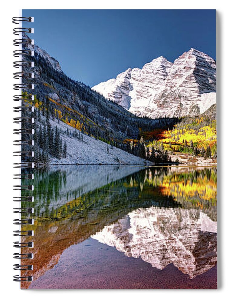 Olena Art Spiral Notebook featuring the photograph Sunrise at Maroon Bells Lake Autumn Aspen Trees in The Rocky Mountains Near Aspen Colorado by Lena Owens - OLena Art Vibrant Palette Knife and Graphic Design