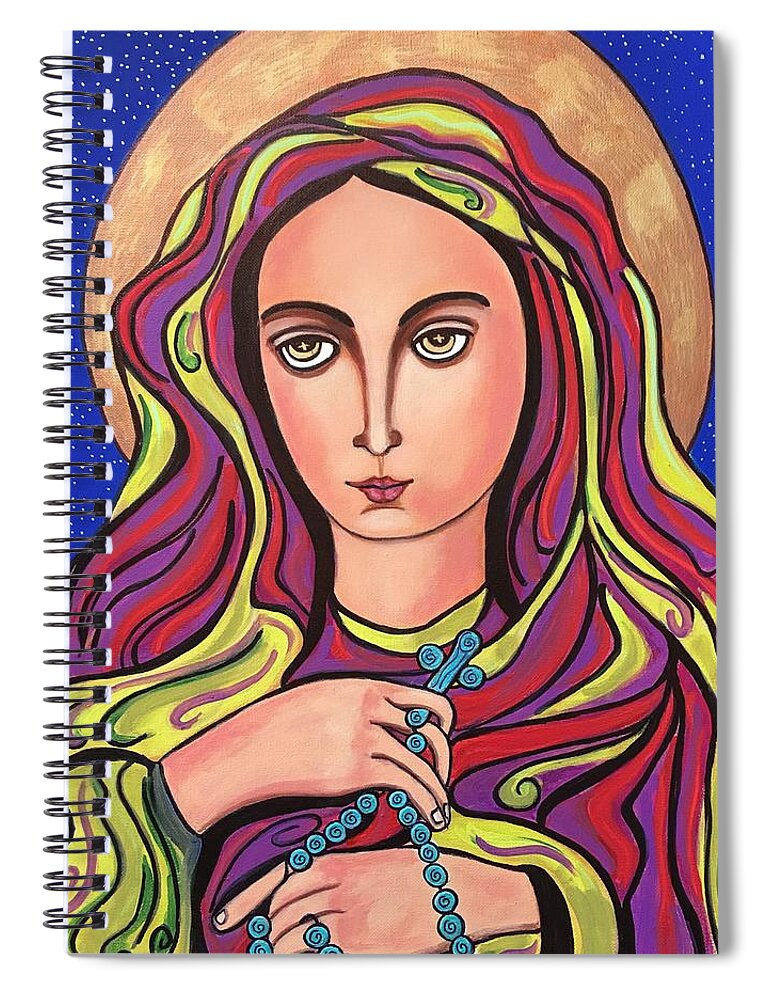 Blessed Virgin Mary Rosary Halo Green Purple Veil Crosses Spiral Notebook featuring the painting Mary and The Rosary by Susie Grossman