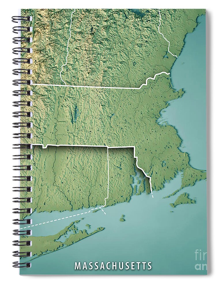 Massachusetts Spiral Notebook featuring the digital art Massachusetts State USA 3D Render Topographic Map Border by Frank Ramspott