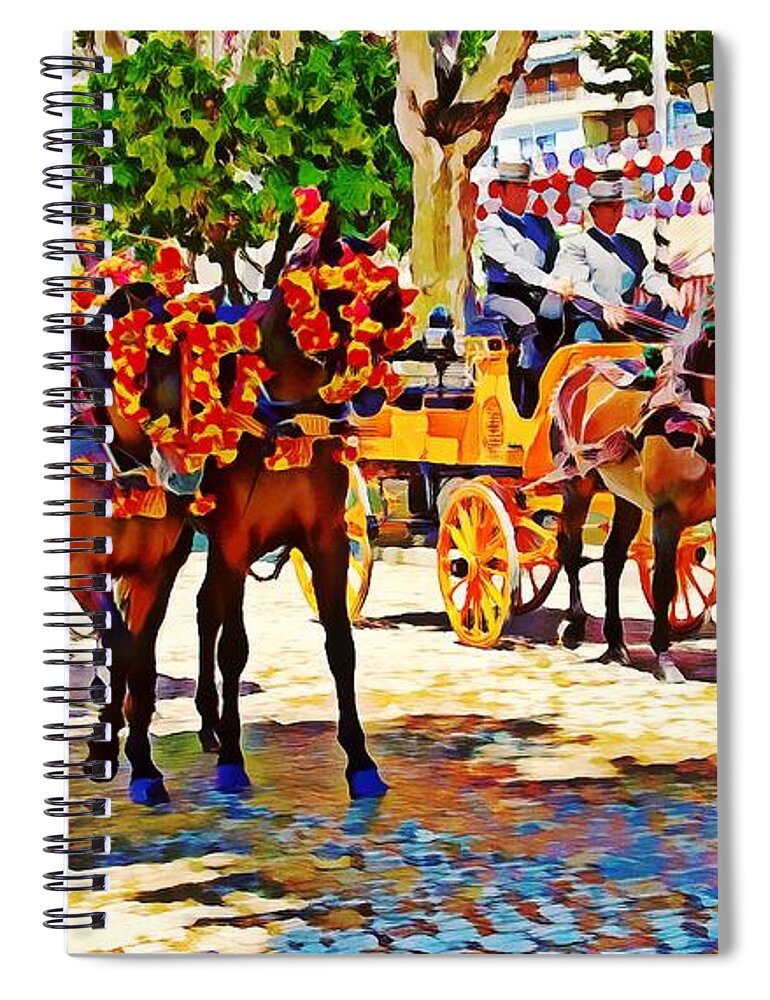 May Day Fair Spiral Notebook featuring the mixed media May Day Fair in Sevilla, Spain by Tatiana Travelways