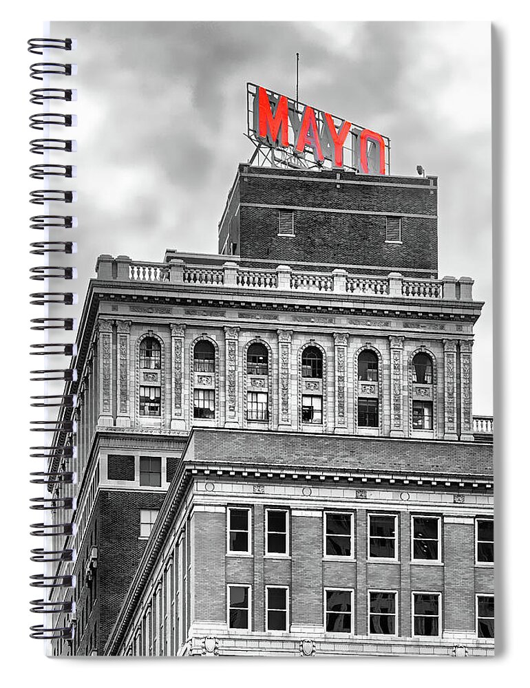 Mayo Spiral Notebook featuring the photograph Mayo Hotel Black and White Impression Red Sign by Bert Peake
