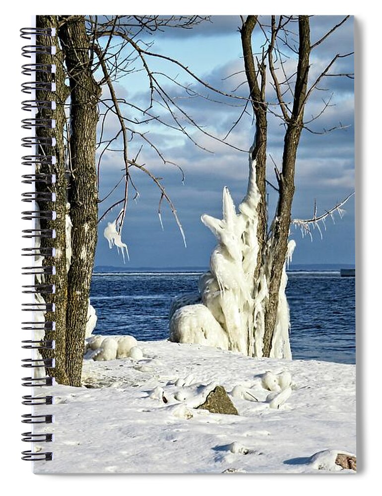 Menominee Lighthouse Spiral Notebook featuring the photograph Menominee Lighthouse Ice Sculptures by Ms Judi