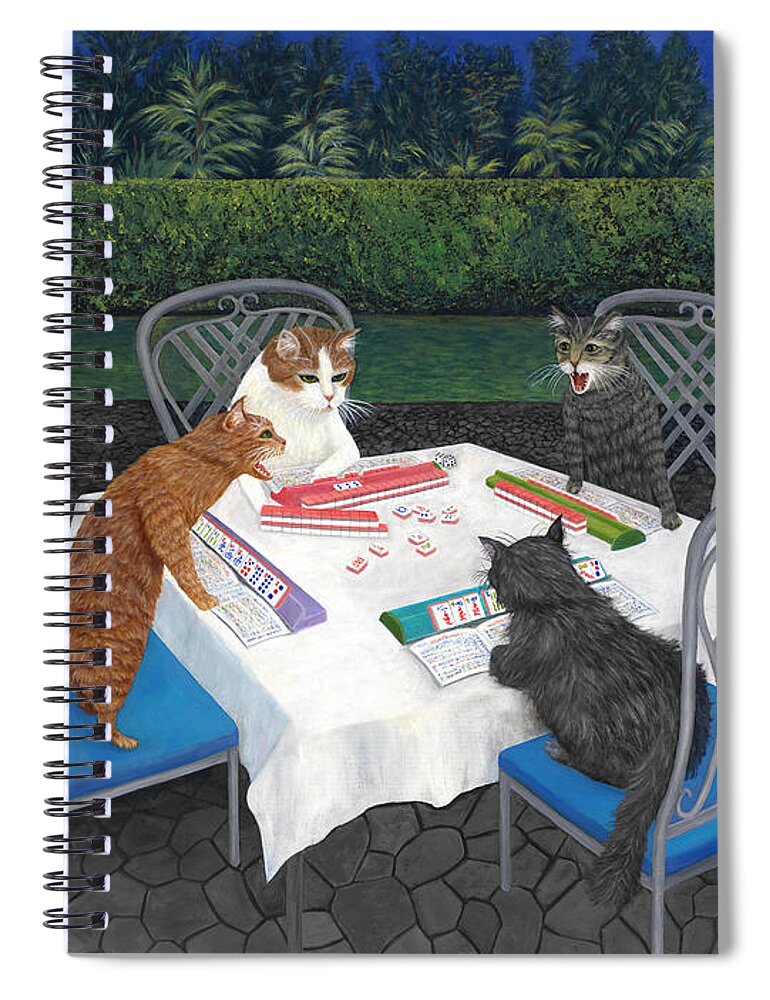 Cat Art Spiral Notebook featuring the painting Meowjongg - Cats playing Mahjongg by Karen Zuk Rosenblatt