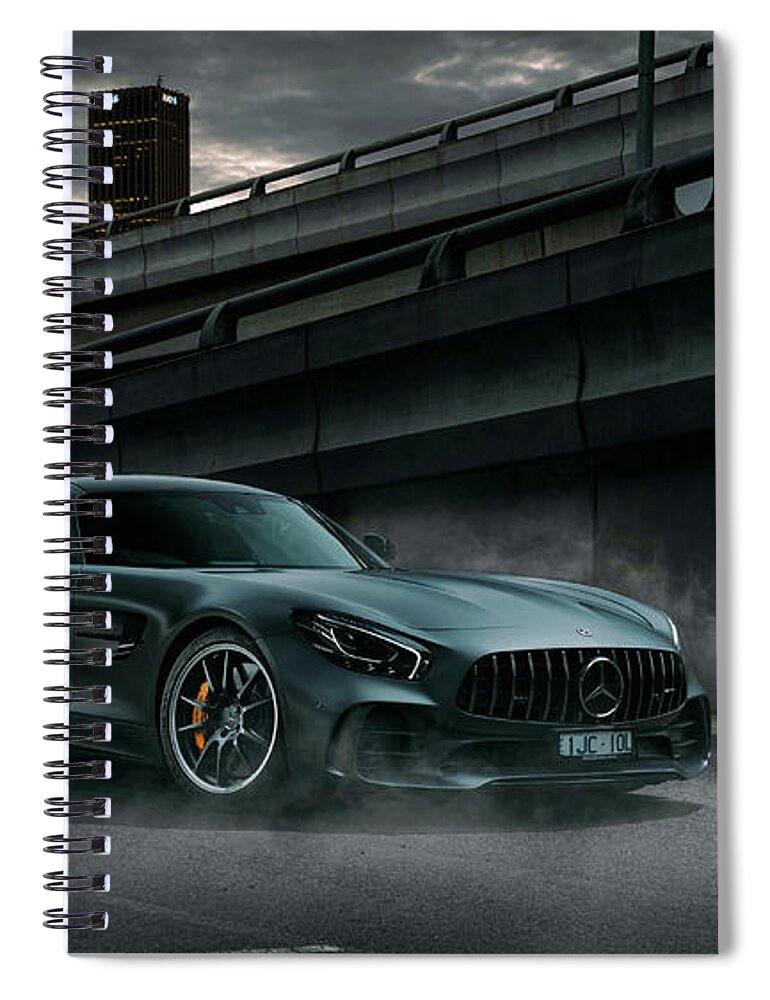 Mercedes Spiral Notebook featuring the pyrography Mercedes A M G G T R Dark by Movie Poster Prints