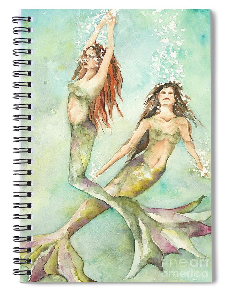 Mermaids Spiral Notebook featuring the painting Mermaid Sisters by Norah Daily