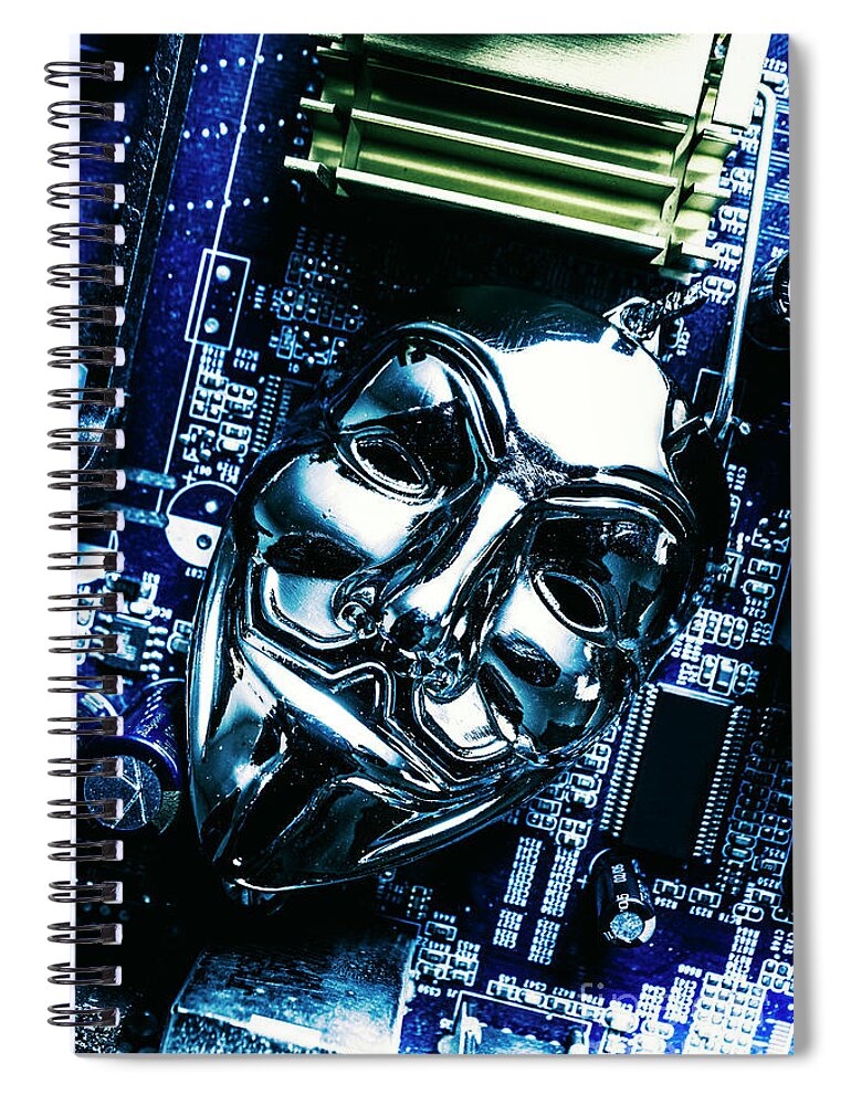 Cyber Spiral Notebook featuring the photograph Metal anonymous mask on motherboard by Jorgo Photography
