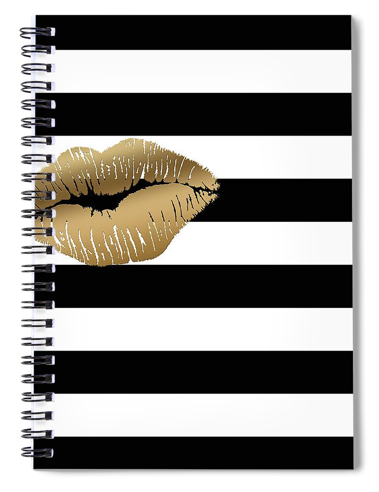 Black And White Stripes Spiral Notebook featuring the painting Metallic Gold Lips Black and White Stripes by Georgeta Blanaru