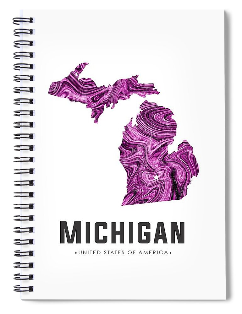 Michigan Spiral Notebook featuring the mixed media Michigan Map Art Abstract in Purple by Studio Grafiikka