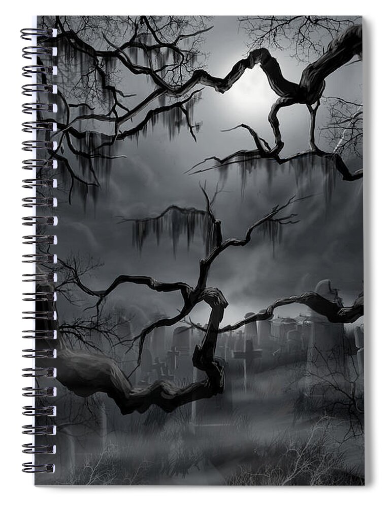 Gothic Art Spiral Notebook featuring the painting Midnight in the Graveyard II by James Hill