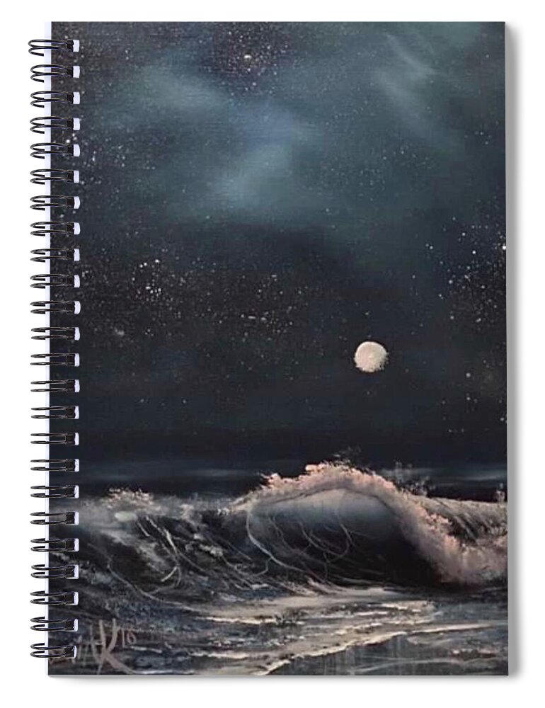 Beach Wave Ocean Lbi Long Beach Island Moon Sky Clouds Spiral Notebook featuring the painting Midnight surf by Justin Wozniak