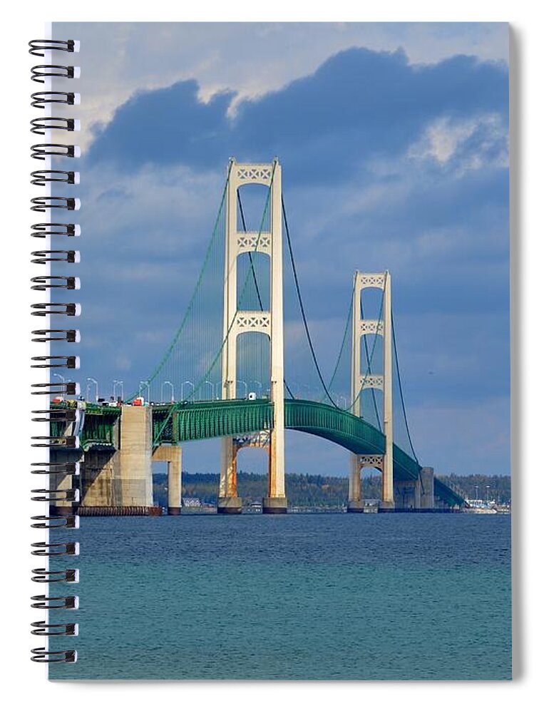 Mackinac Bridge Spiral Notebook featuring the photograph Mighty Mac Framed by Trees by Keith Stokes
