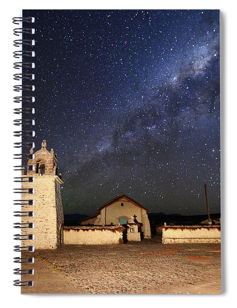 Chile Spiral Notebook featuring the photograph Milky Way and Guallatiri Village Church Chile by James Brunker