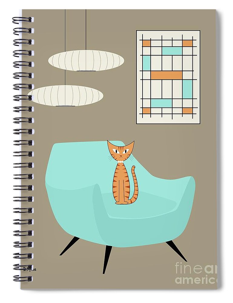 Mid Century Modern Spiral Notebook featuring the digital art Mini Abstract Blue Chair Orange Cat by Donna Mibus
