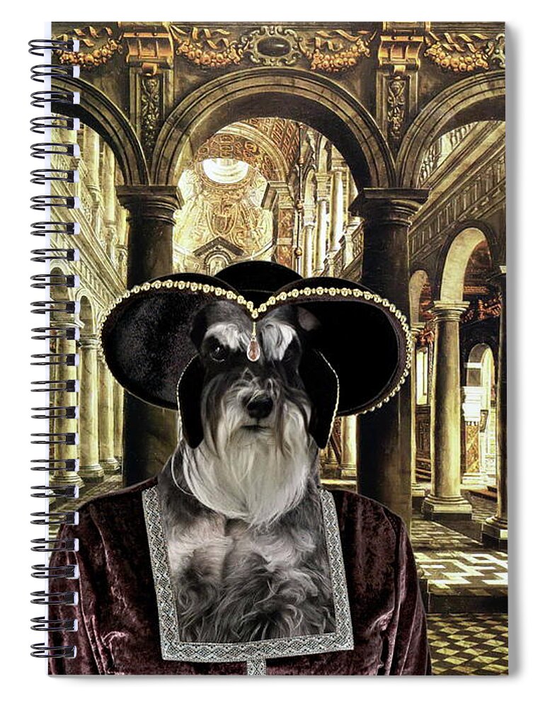 Miniature Schnauzer Art Spiral Notebook featuring the painting Miniature Schnauzer Art - Noble Lady with big hat by Sandra Sij