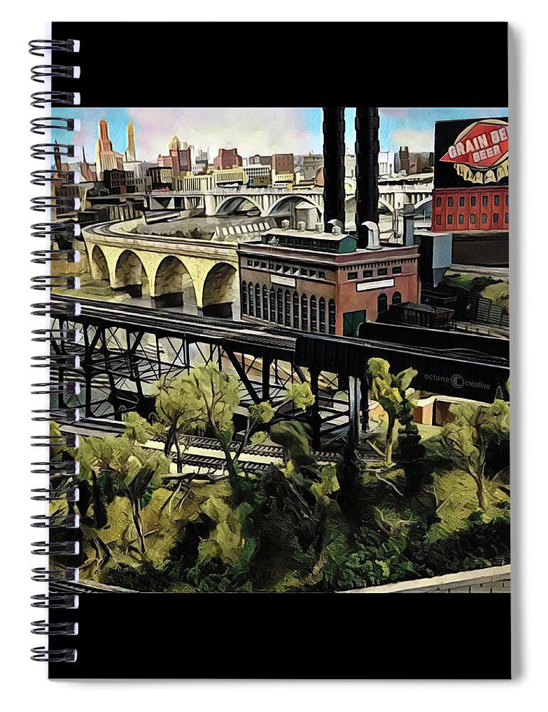 Railroad Spiral Notebook featuring the painting Minneapolis by Rail by Tim Nyberg