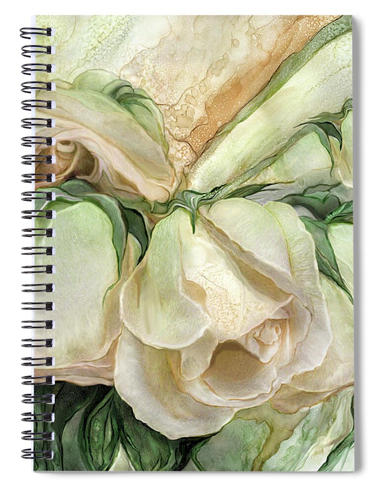 Carol Cavalaris Spiral Notebook featuring the mixed media Miracle Of A Rose Bud - Antique White by Carol Cavalaris