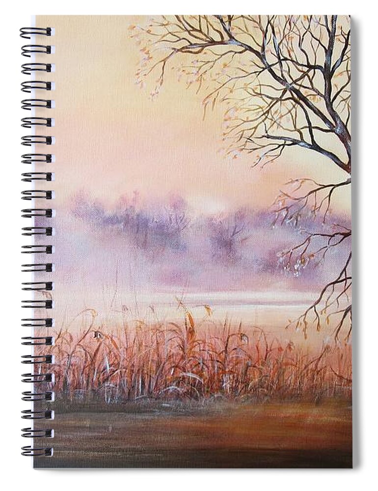 Landscape Spiral Notebook featuring the painting Mist On The River by Vesna Martinjak