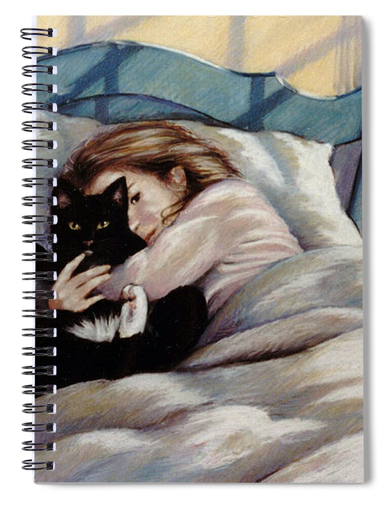 Cat With Girl Spiral Notebook featuring the pastel Mittens by Marie Witte
