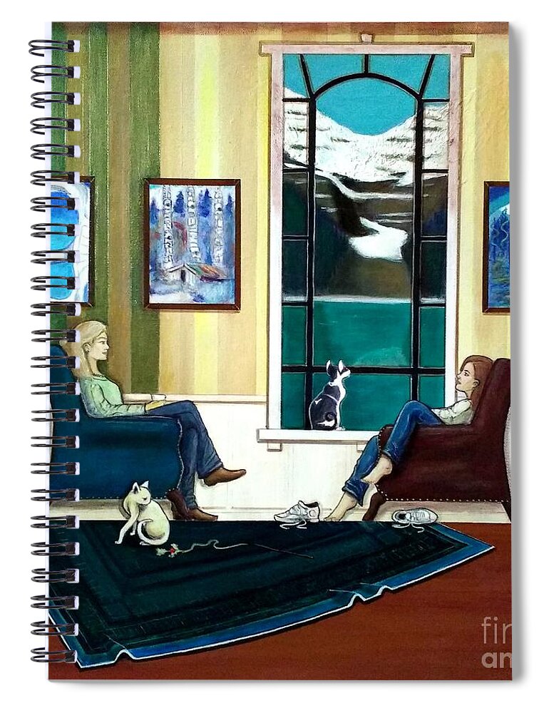 John Lyes Spiral Notebook featuring the painting Mom and Daughter Sitting in Chairs with Sphynxes by John Lyes