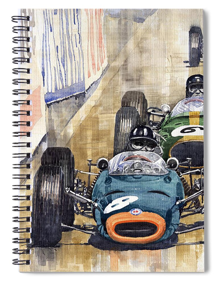 Watercolour Spiral Notebook featuring the painting Monaco GP 1964 BRM Brabham Ferrari by Yuriy Shevchuk