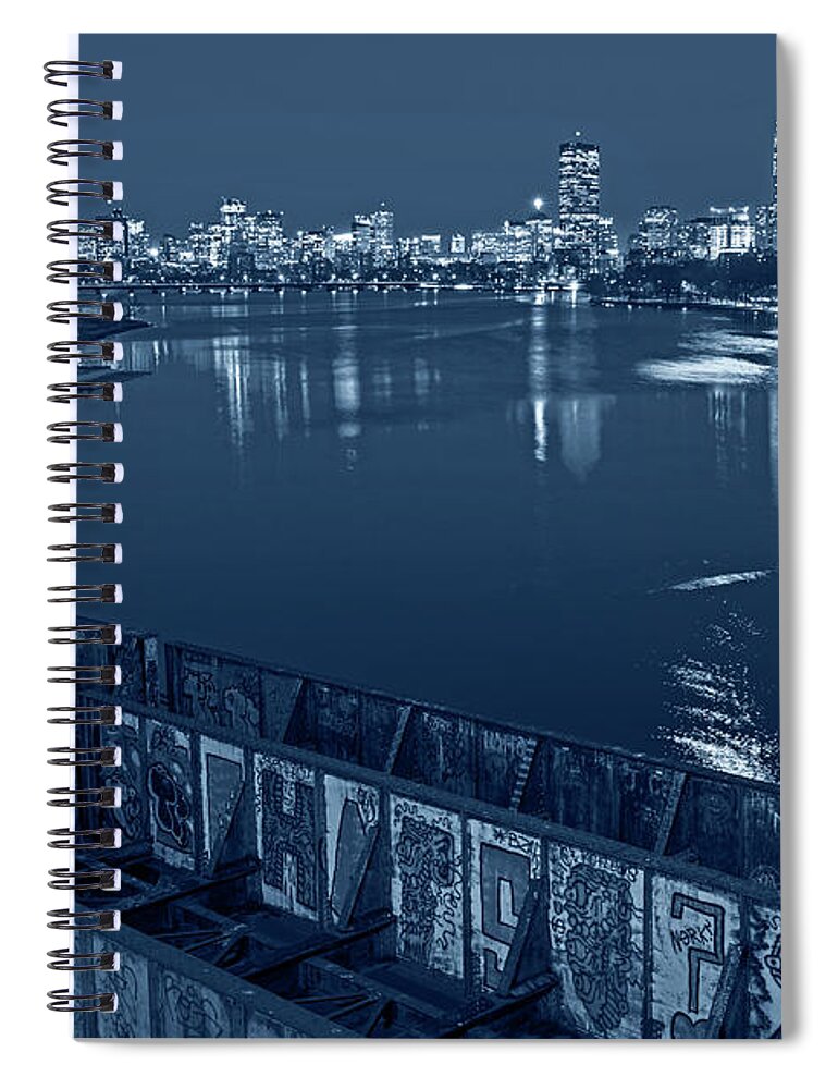 Boston Spiral Notebook featuring the photograph Monochrome Blue Nights Charles River at Dusk Dewolfe Boathouse Boston Skyline by Toby McGuire
