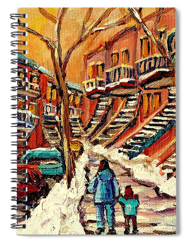  Montreal Street In Winter Spiral Notebook featuring the painting Montreal Citystreet In Winter by Carole Spandau
