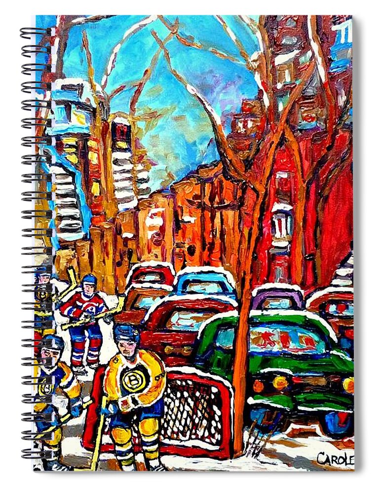 Montreal Spiral Notebook featuring the painting Montreal Street Hockey Painting Winding Staircases Winter Scene Canadian Art Montreal Memories by Carole Spandau
