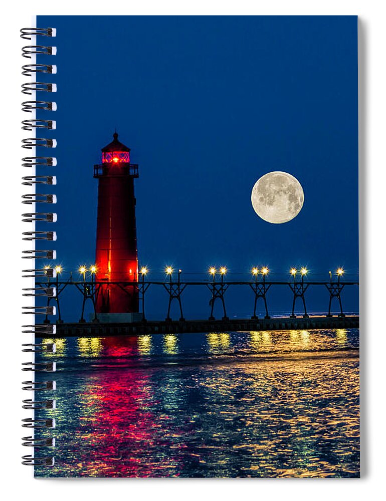 Grand Haven Spiral Notebook featuring the photograph Moon over Grand Haven by Nick Zelinsky Jr
