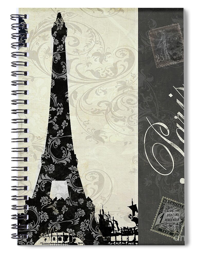 Paris Vintage Postcard Spiral Notebook featuring the painting Moon Over Paris Postcard by Mindy Sommers