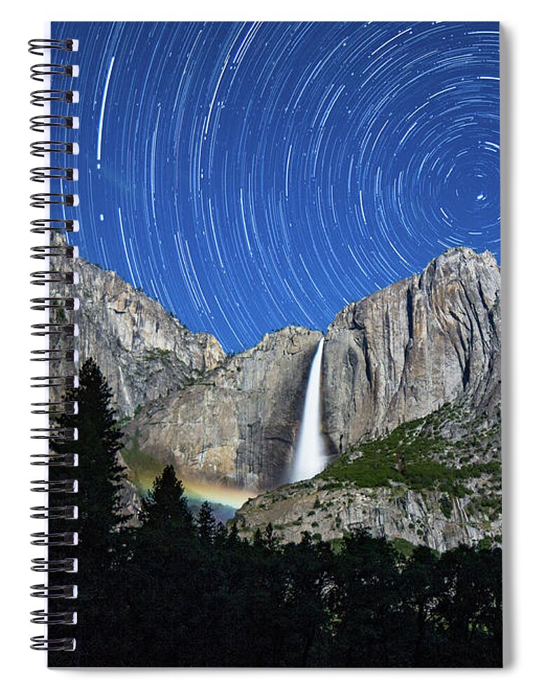Moonbow Spiral Notebook featuring the photograph Moonbow and Startrails by Brandon Bonafede