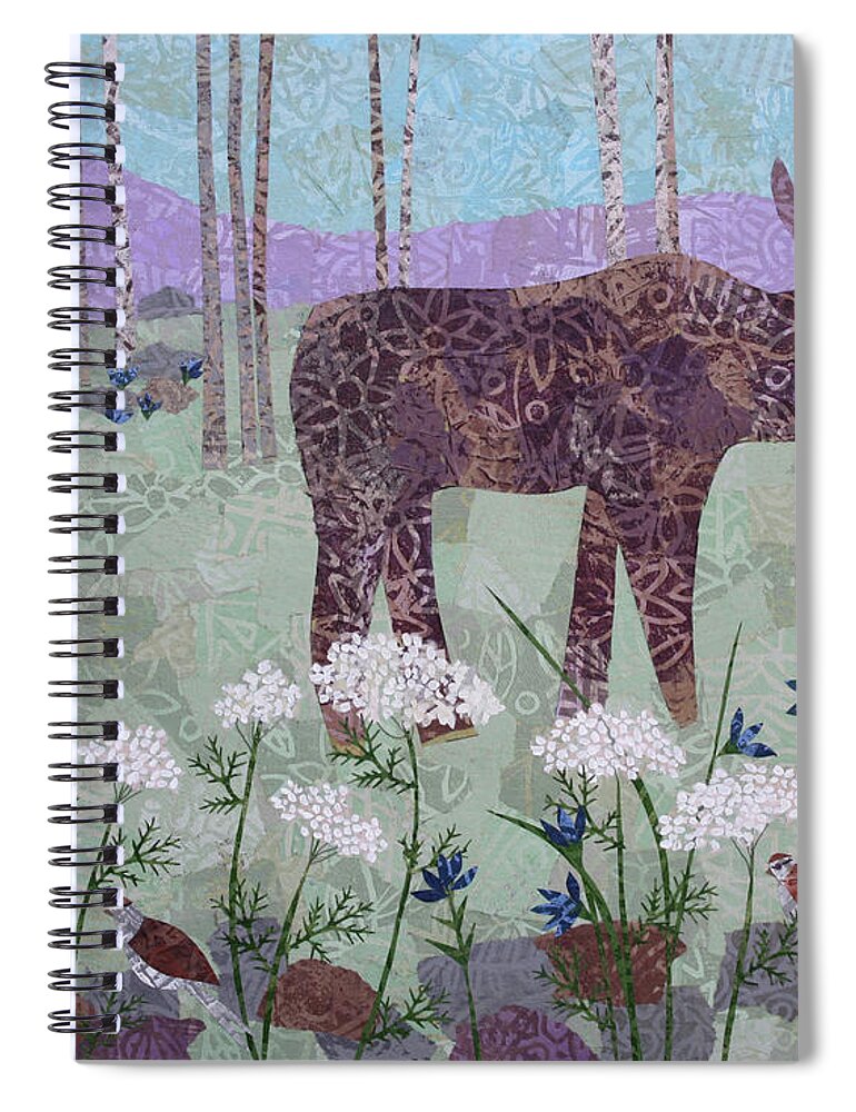 Art Collage Spiral Notebook featuring the mixed media Moose and Three Sparrows by Janyce Boynton