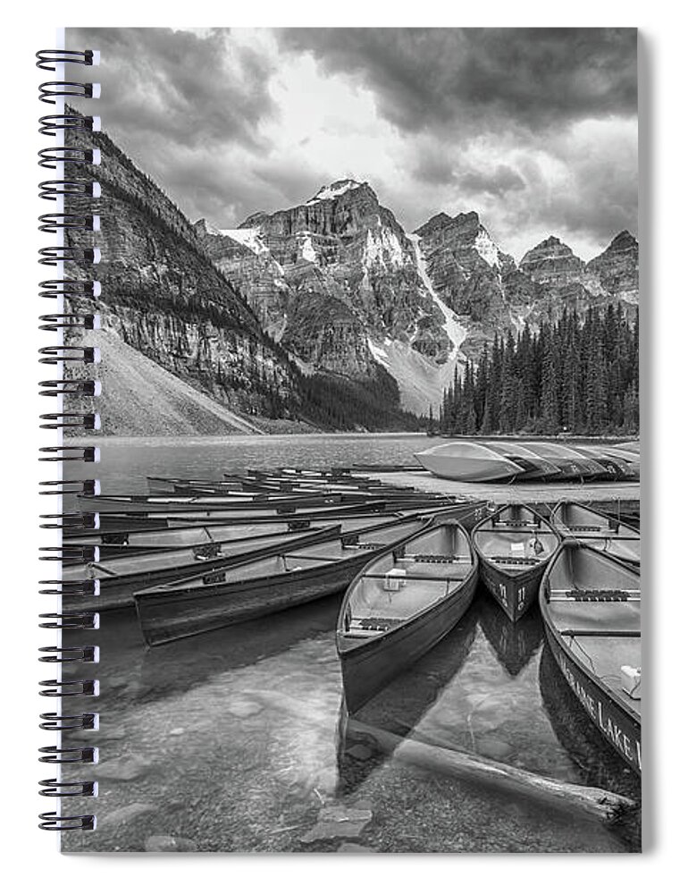 Banff Spiral Notebook featuring the photograph Moraine Lake in black and white by Paul Quinn